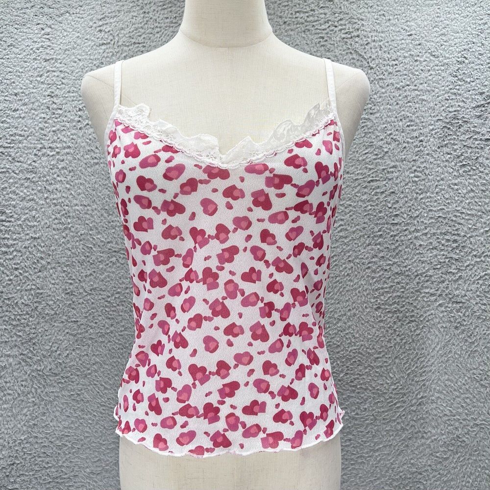 Y2k Vintage 2000s hearts Lace Sheer Cami‎ tank top L coquette cute kawaii sheer